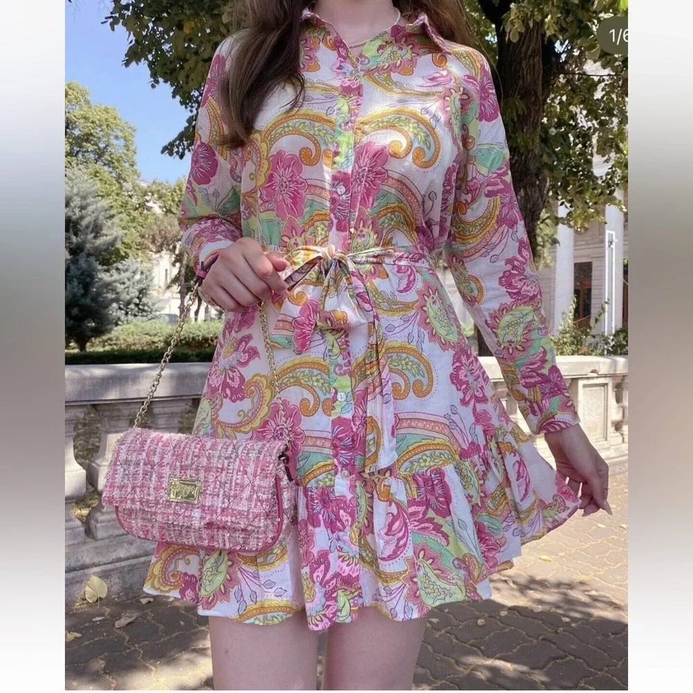 ZARA FLORAL PAISLEY BELTED MINI DRESS